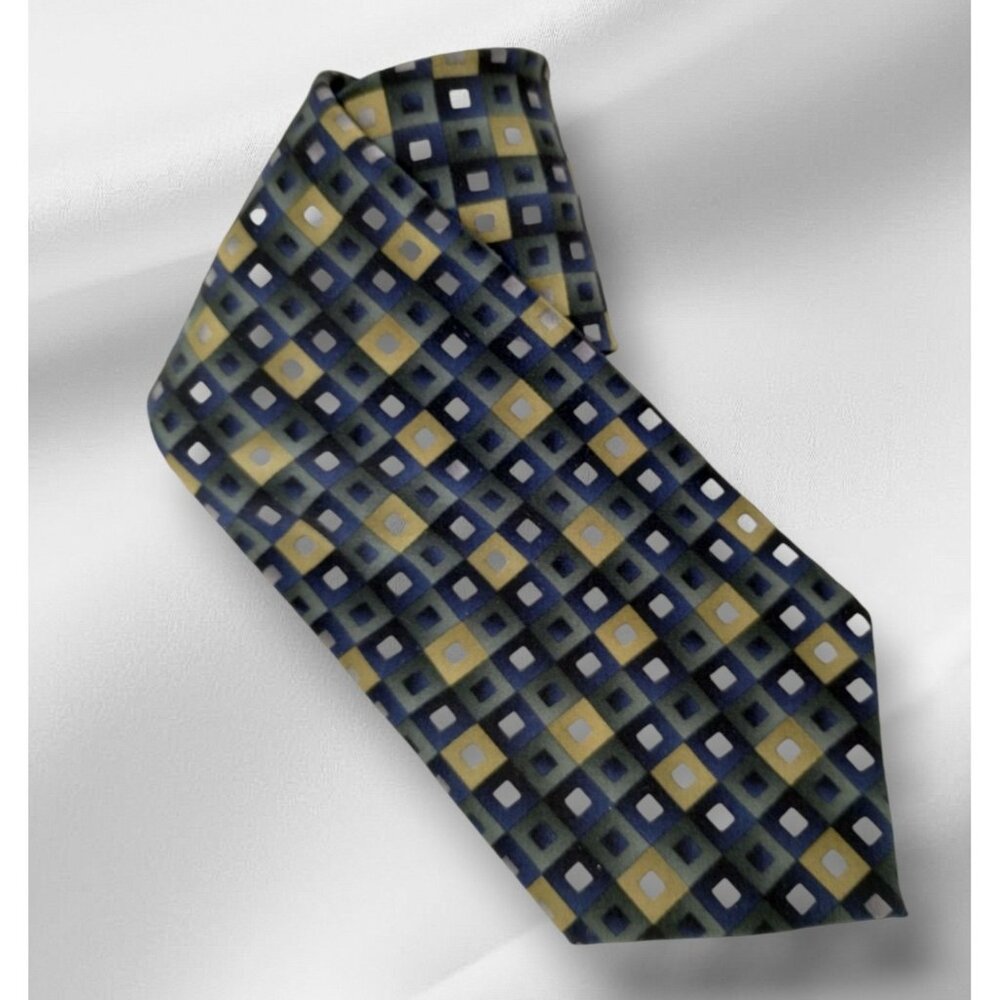 Jimmy V Mens Geometric Green and Blue Pattern Silk Tie